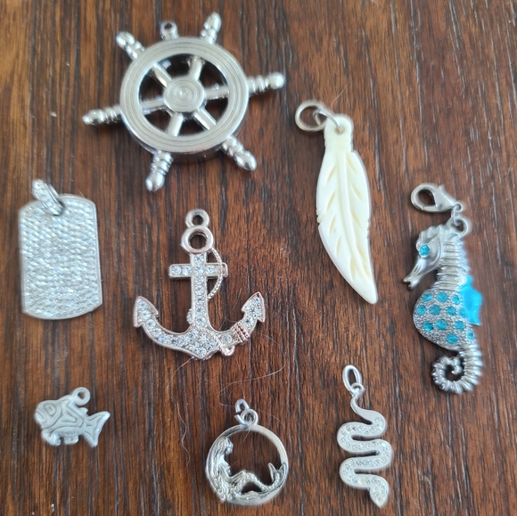 None Jewelry - Assorted Silver-Tone and Ivory Pendants Nautical & Nature Mix, Lot Of 8 Jewlery